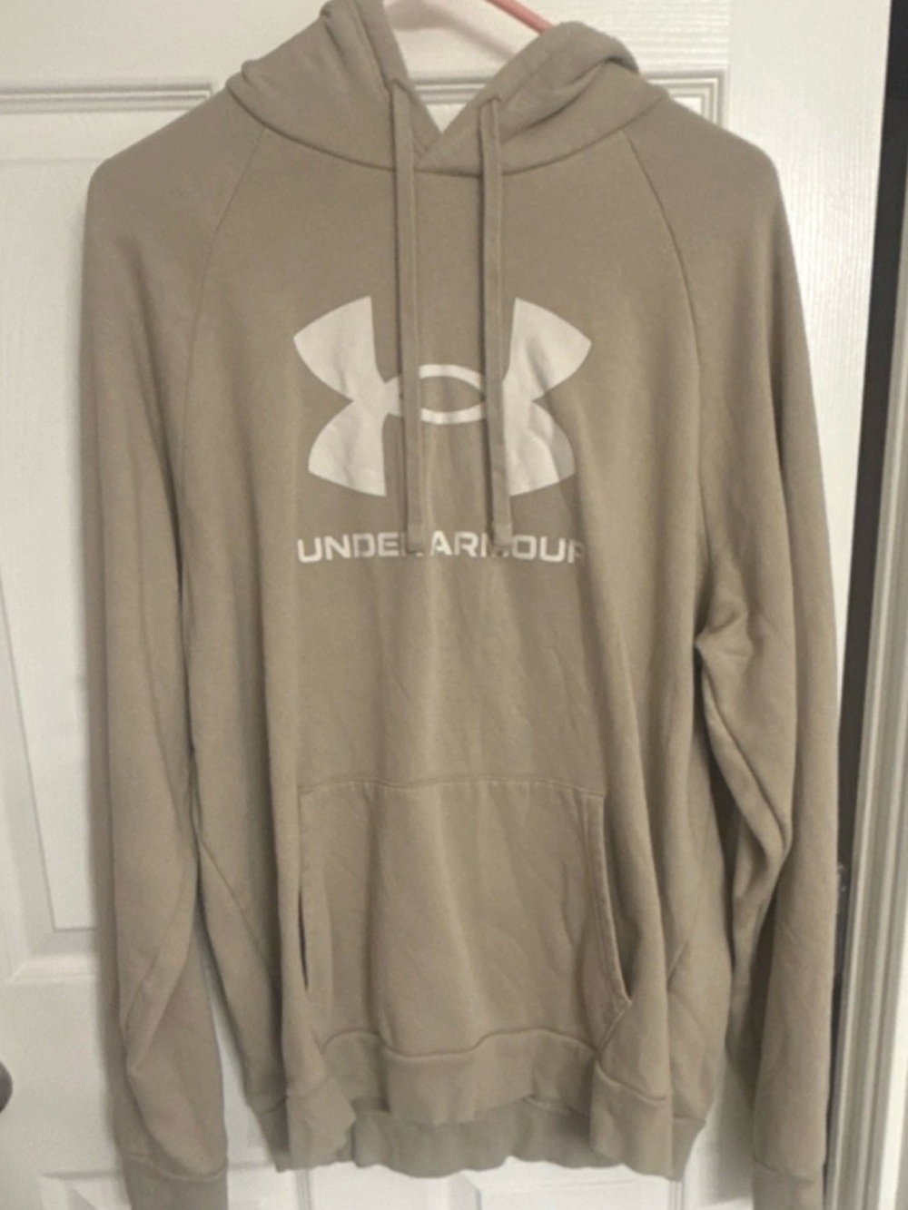 Men’s Hooded Pullover Sweatshirt in Beige with White Logo, Under Armour Brand